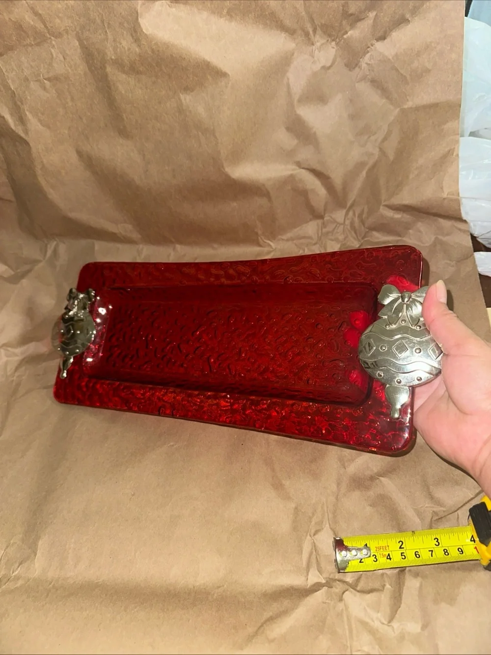 Red Glass Vanity Tray with Silver ornament Accent Handles Christmas